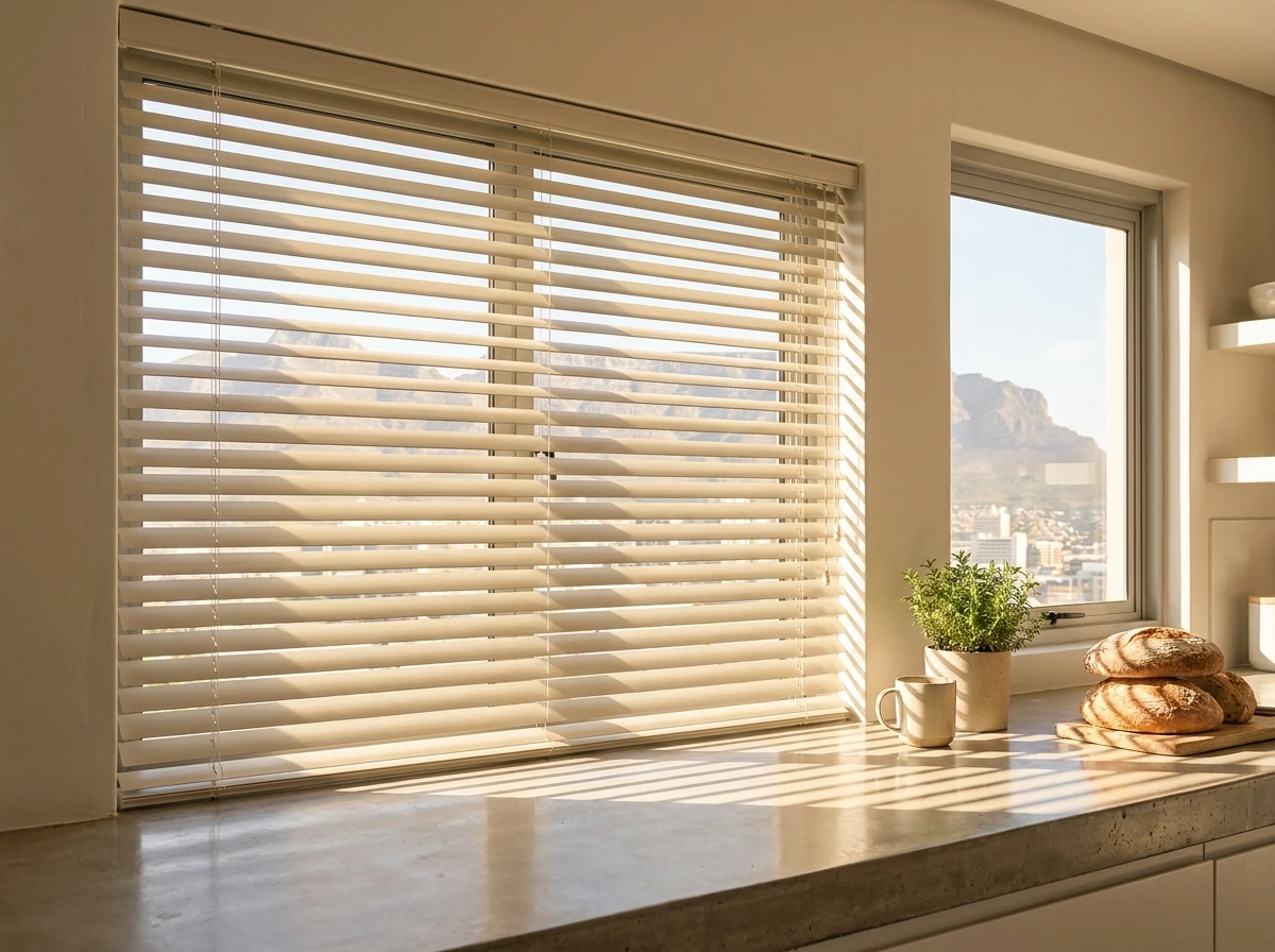 Slim aluminium venetian blind with tilted slats in a Kraaifontein family kitchen window