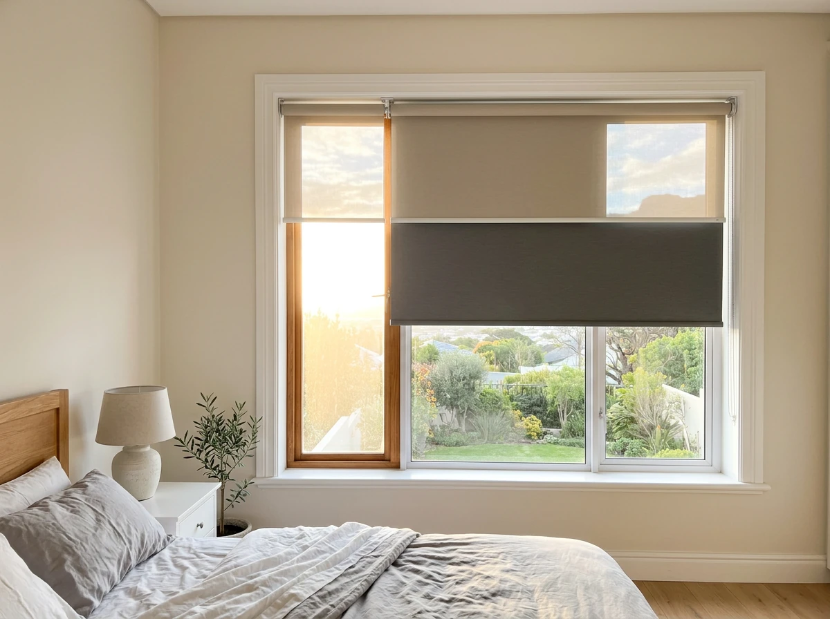 Blockout roller blind lowered over a child's bedroom window in a Kraaifontein family home, warm light at the fabric edges
