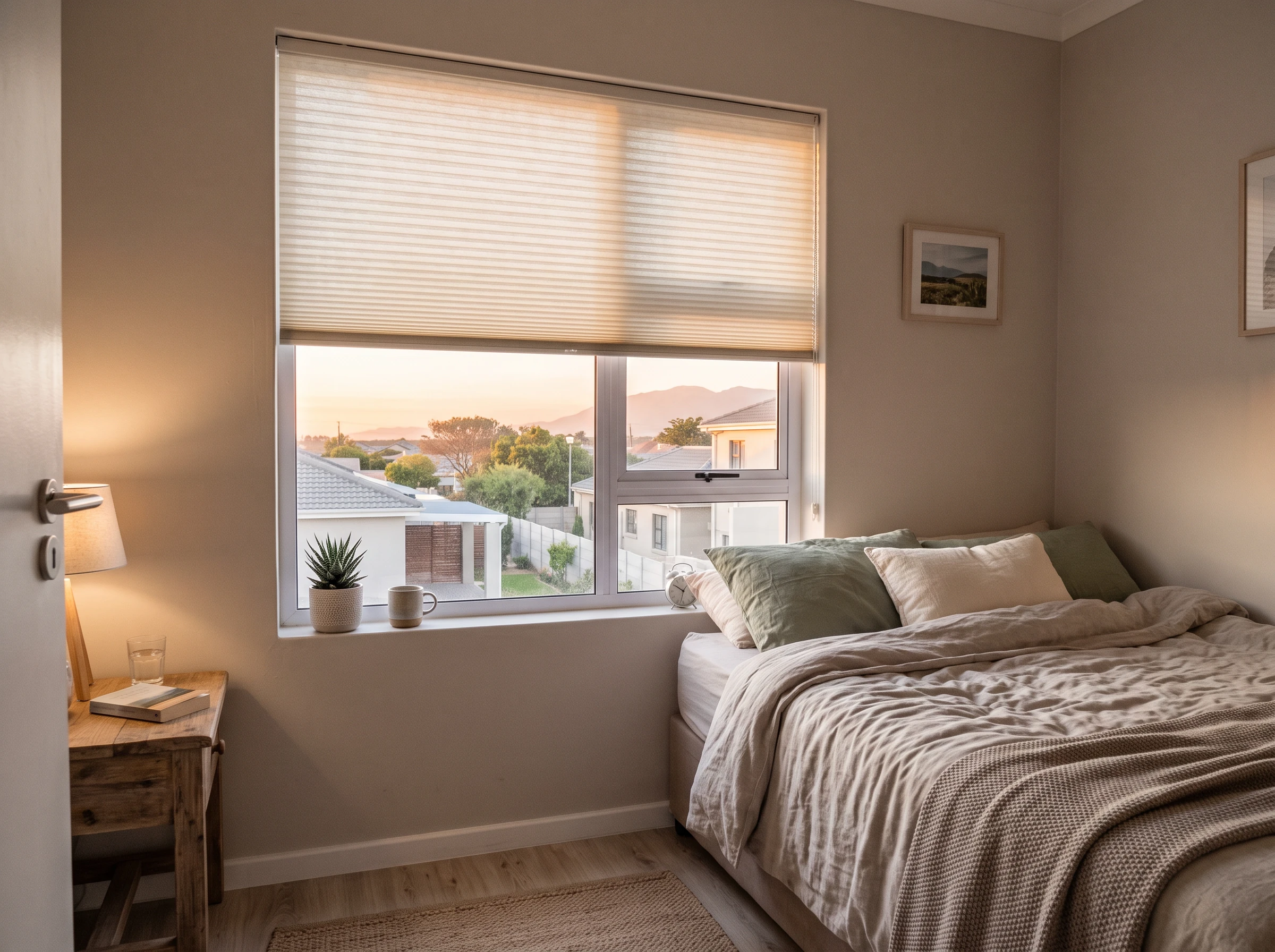 Cellular honeycomb blind with visible pleated air-cell structure partially lowered over a bedroom window in a compact new-estate home in Kraaifontein