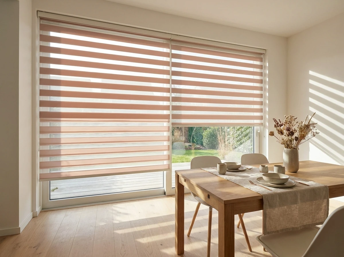 Day-night zebra blind with alternating sheer and solid bands across a dining room window in a Kraaifontein family home