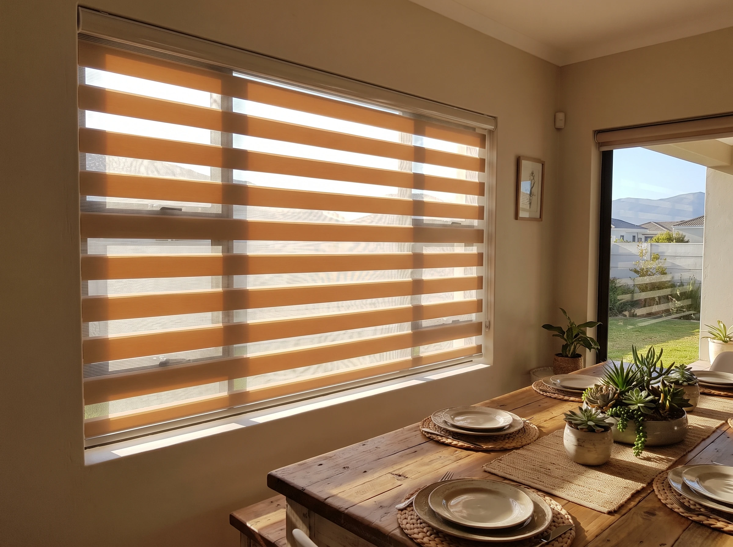 Day-night zebra blind with alternating sheer and solid bands across a dining room window in a Kraaifontein family home