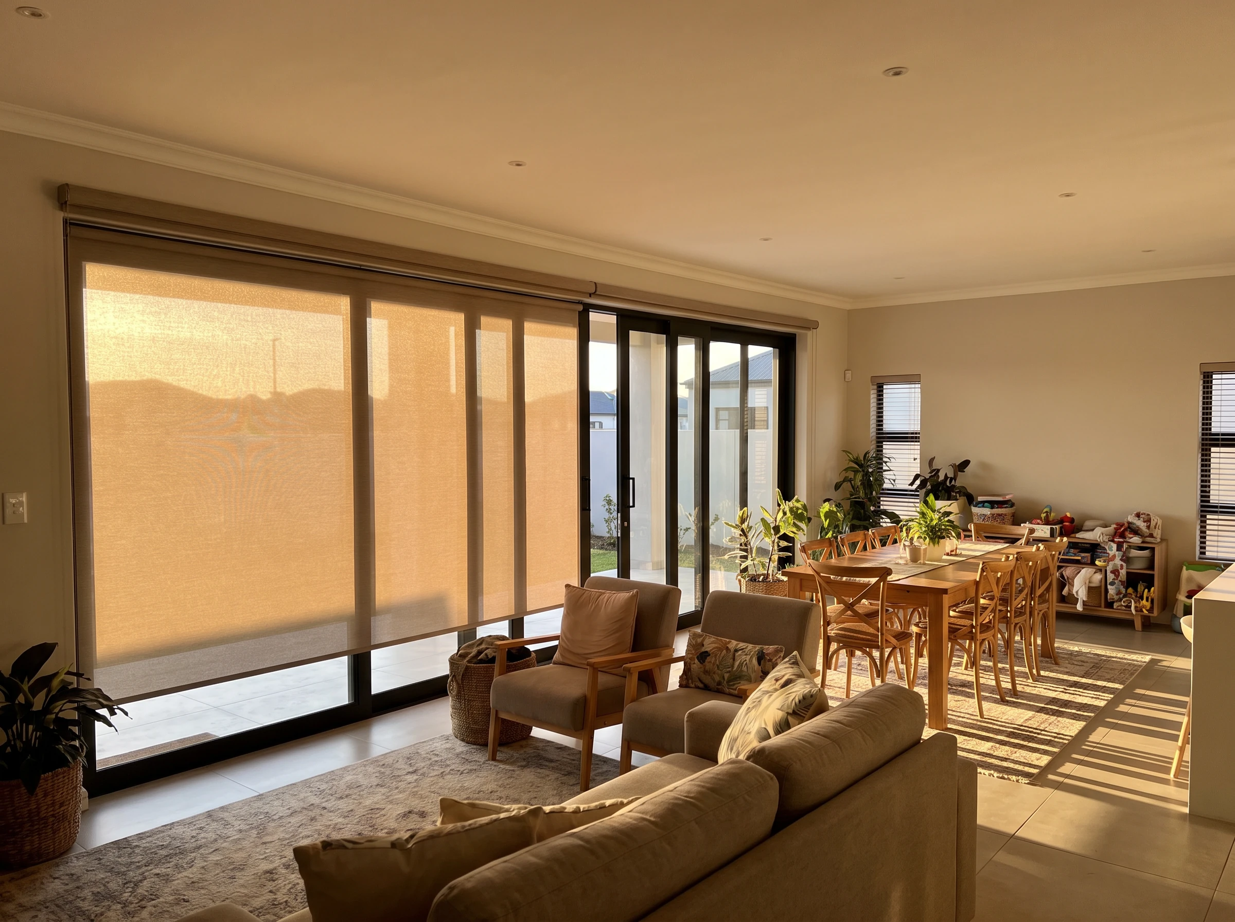 Sunscreen roller blind lowered across wide sliding doors in an open-plan family living room in a new estate home in Kraaifontein, Cape Town