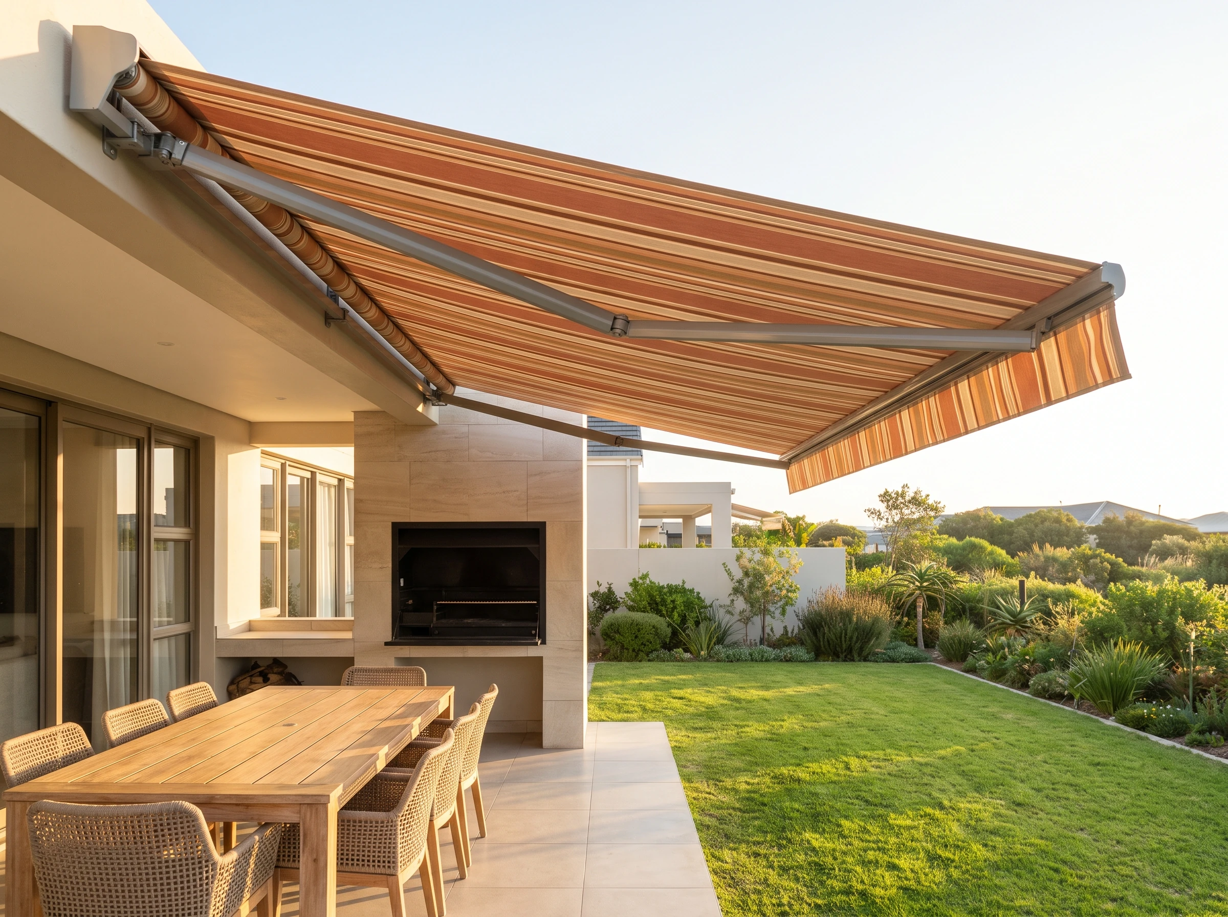 Folding-arm awning extended over a family braai patio and dining table in a Kraaifontein back garden, morning light across the lawn