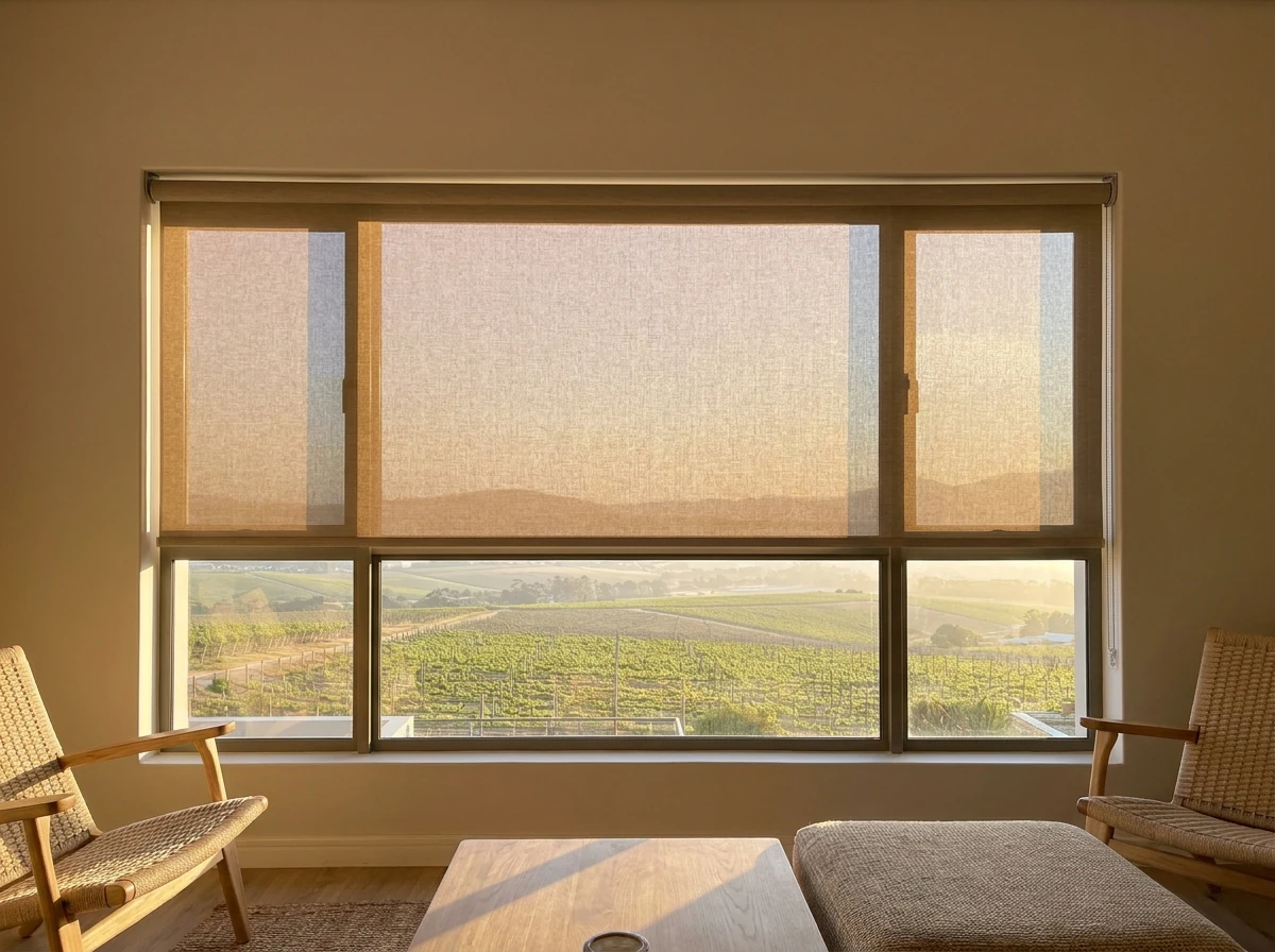 Sunscreen roller blind lowered across a wide view window in a home in Durbanville, Cape Town, morning light keeping the vineyard view visible