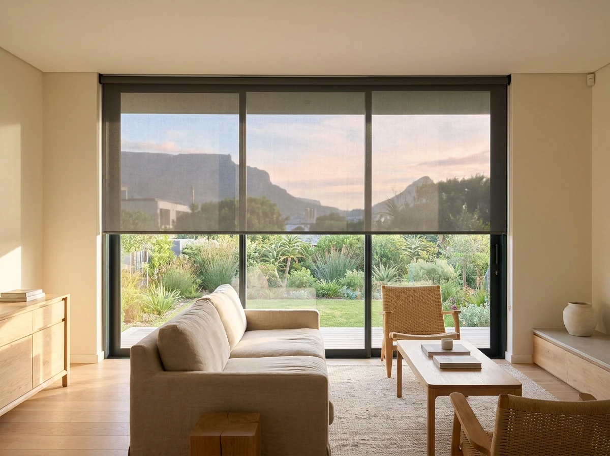 Flat sunscreen mesh roller blind lowered halfway across a living room window in a new-build Kraaifontein family home