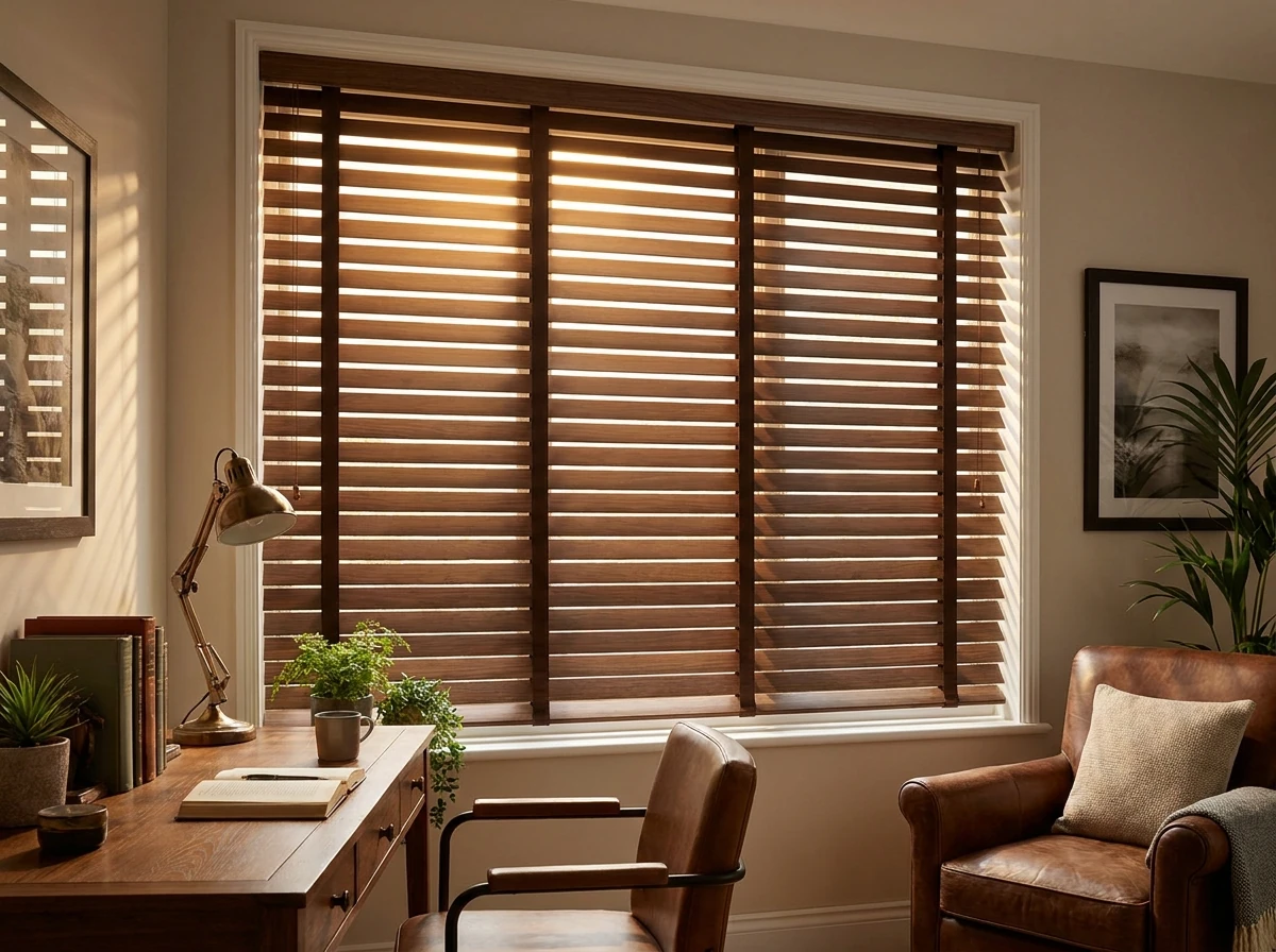 Wide timber venetian blind slats tilted open in a warm Kraaifontein home study window